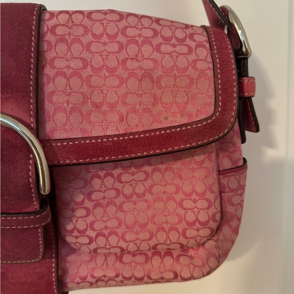COACH Pink monogram canvas leather shoulder bag purse 12x7x3" suede. - Picture 7 of 15